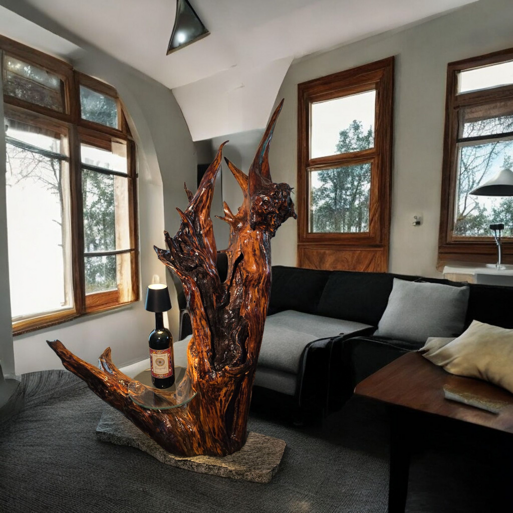 Scultura luminosa in radice naturale con ripiano in vetro.